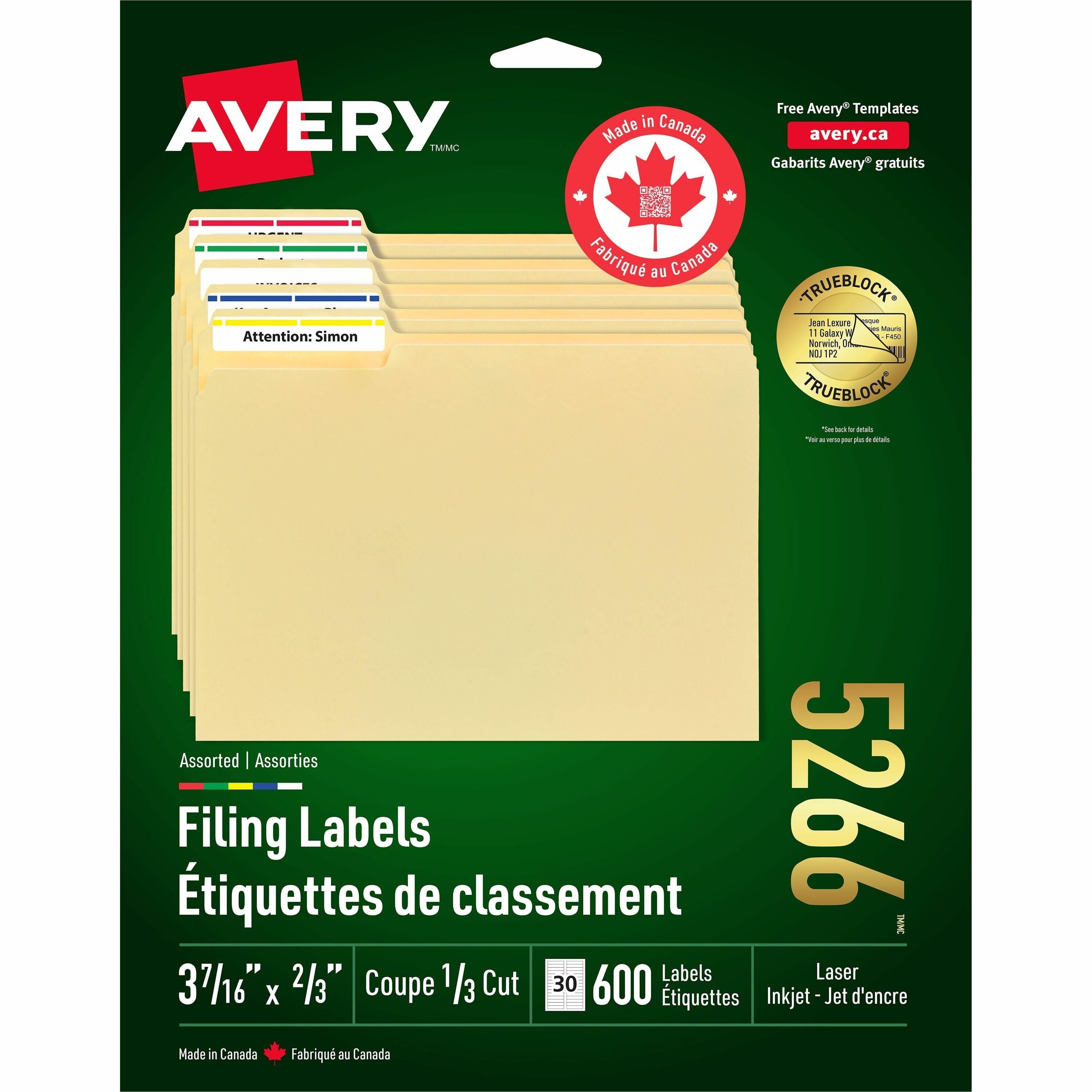 Avery Assorted Filing Labels with TrueBlock™ Technology for Laser and Inkjet Printers, 2/3" x 3-7/16"