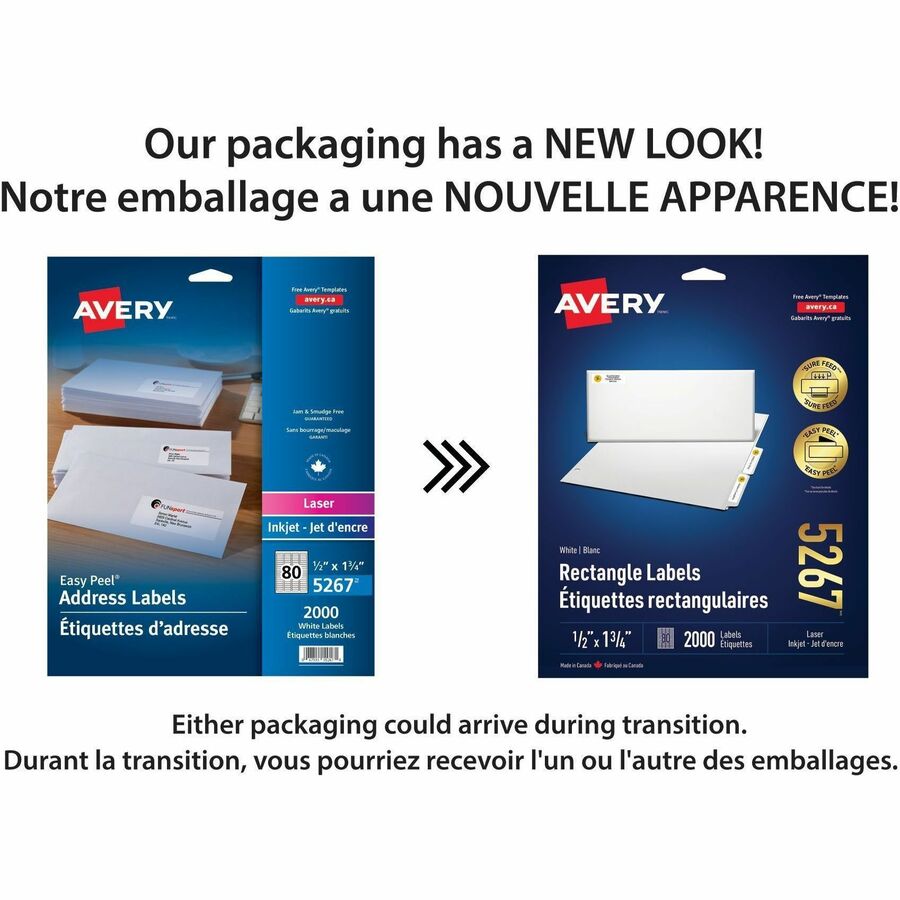 Avery White Rectangle Labels with Sure Feed™ Technology Easy Peel&reg;, 1-3/4" x 1/2, Permanent Adhesive, for Laser and Inkjet Printers - 05267