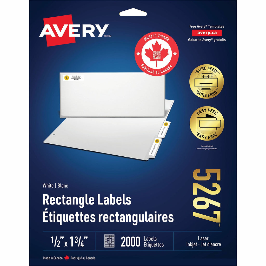 Avery White Rectangle Labels with Sure Feed™ Technology Easy Peel&reg;, 1-3/4" x 1/2, Permanent Adhesive, for Laser and Inkjet Printers