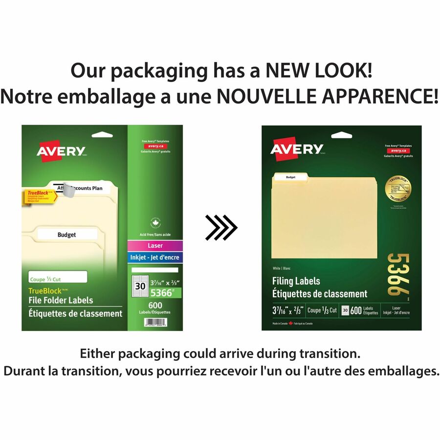 Avery White Filing Labels with TrueBlock™ Technology for Laser and Inkjet Printers, 3-7/16" x 2/3" - 05366