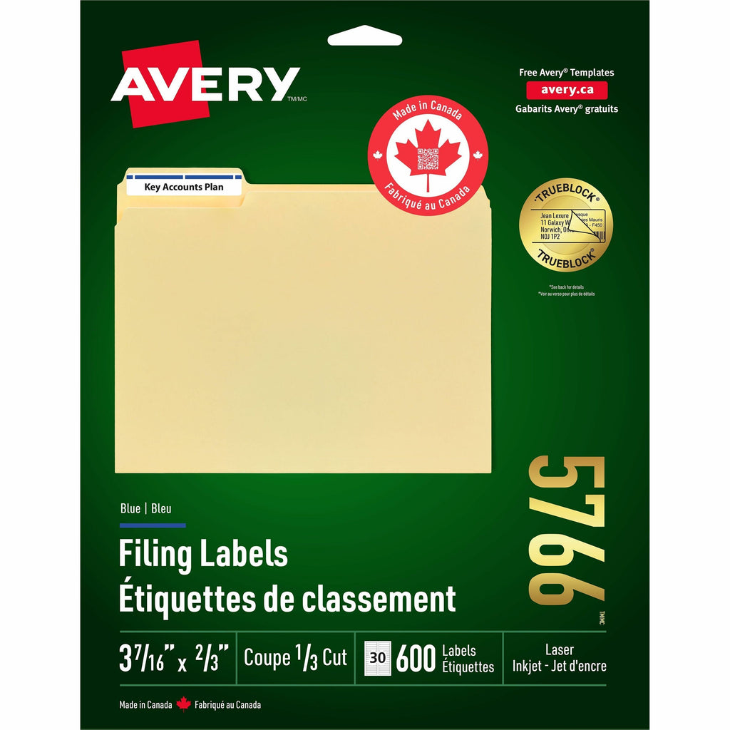 Avery Blue Filing Labels with TrueBlock™ Technology for Laser and Inkjet Printers, 2/3" x 3-7/16"