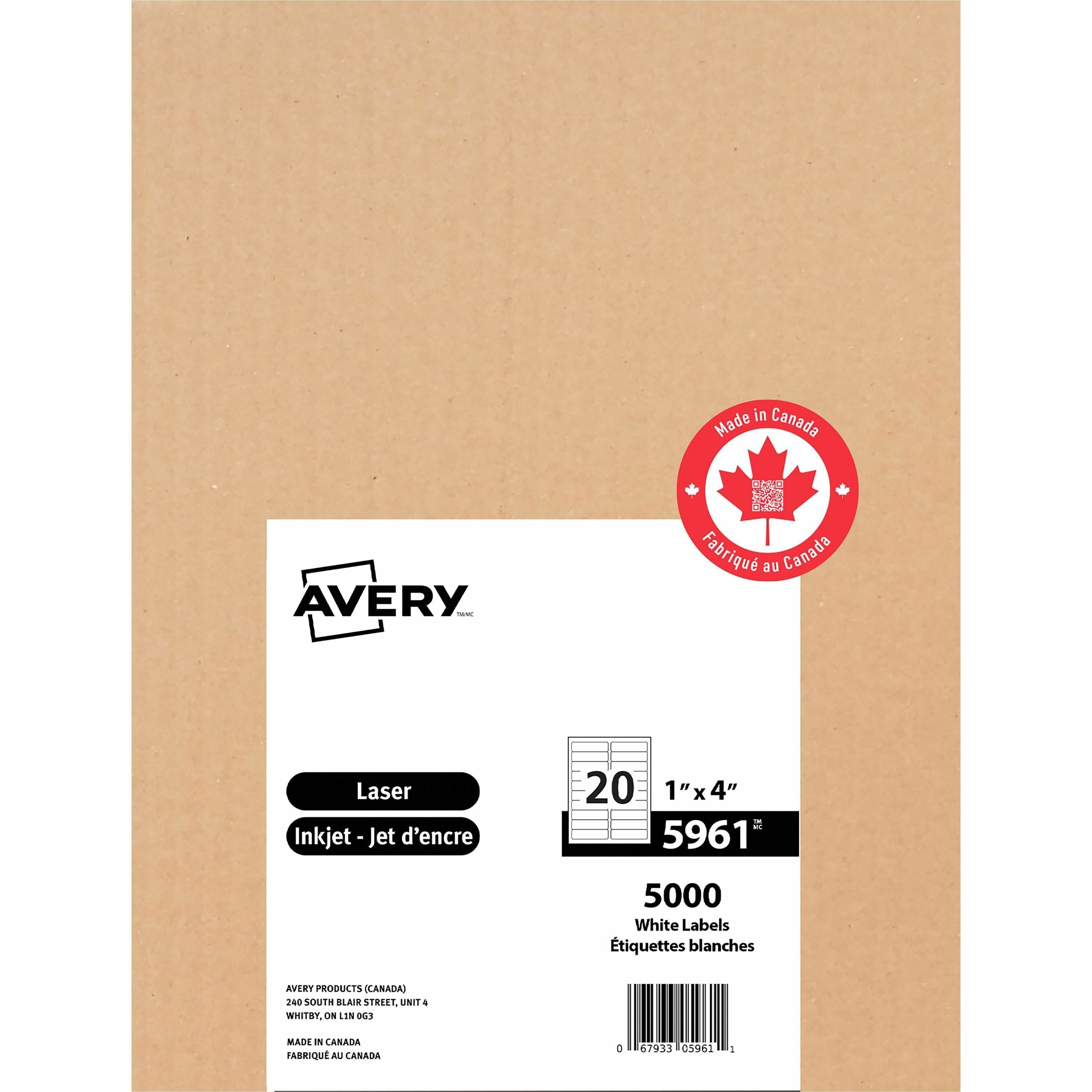 Avery White Rectangle Labels with Sure Feed™Technology Easy Peel&reg;, 1" x 4" , Permanent Adhesive, for Laser and Inkjet Printers