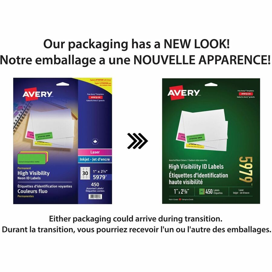 Avery High Visibility Neon ID Labels for Laser and Inkjet Printers, 1" x 2-5/8" - 05979