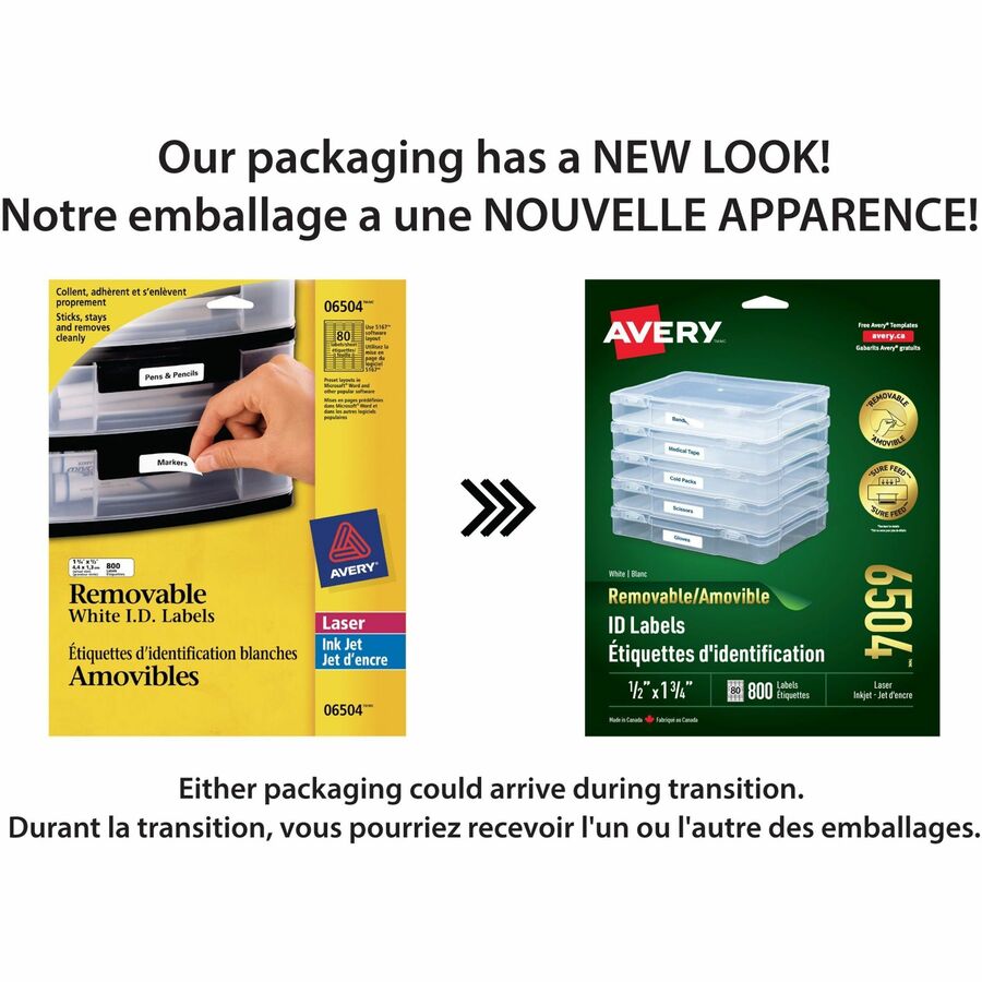 Avery Removable ID Labels for Laser and Inkjet Printers, 1-3/4" x 1/2" - 06504