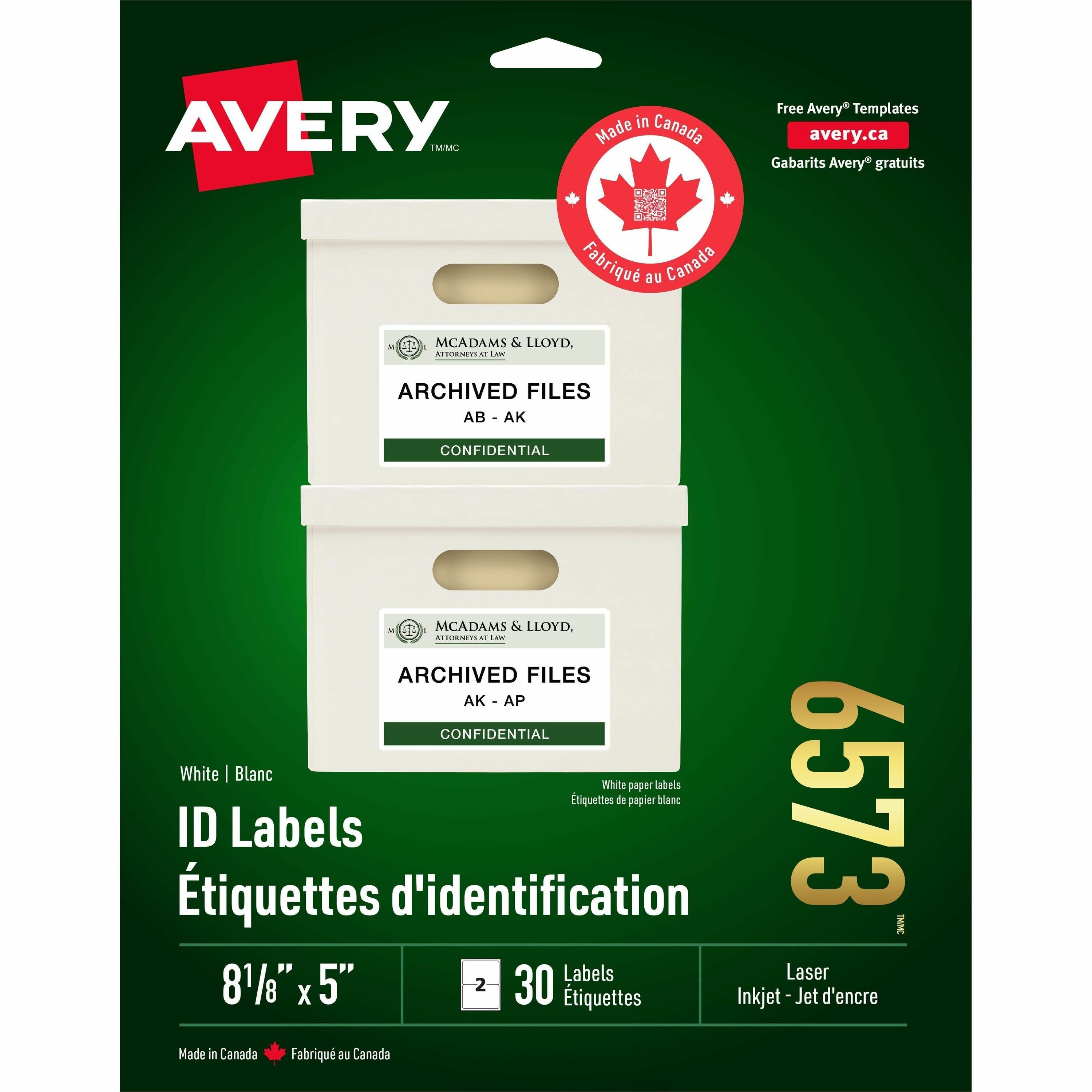 Avery ID Labels for Laser and Inkjet Printers, 8 1/8" x 5"