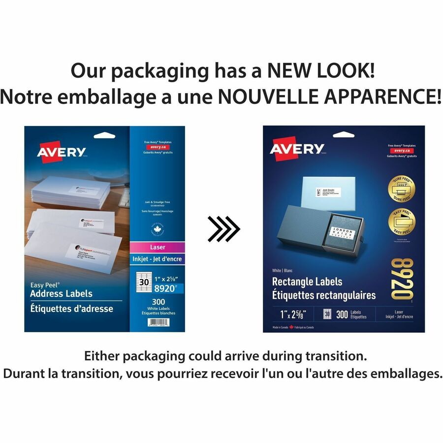 Avery White Rectangle Labels with Sure Feed™ Technology Easy Peel&reg;, 1" x 2-5/8" , Permanent Adhesive, for Laser and Inkjet Printers - 08920