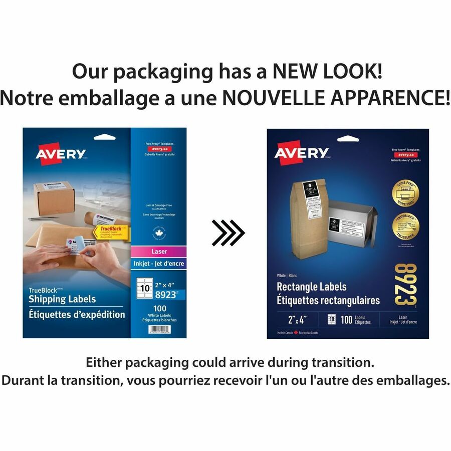 Avery White Rectangle Labels with Sure Feed™Technology TrueBlock&reg;, 2" x 4" , Permanent Adhesive, for Laser and Inkjet Printers - 08923