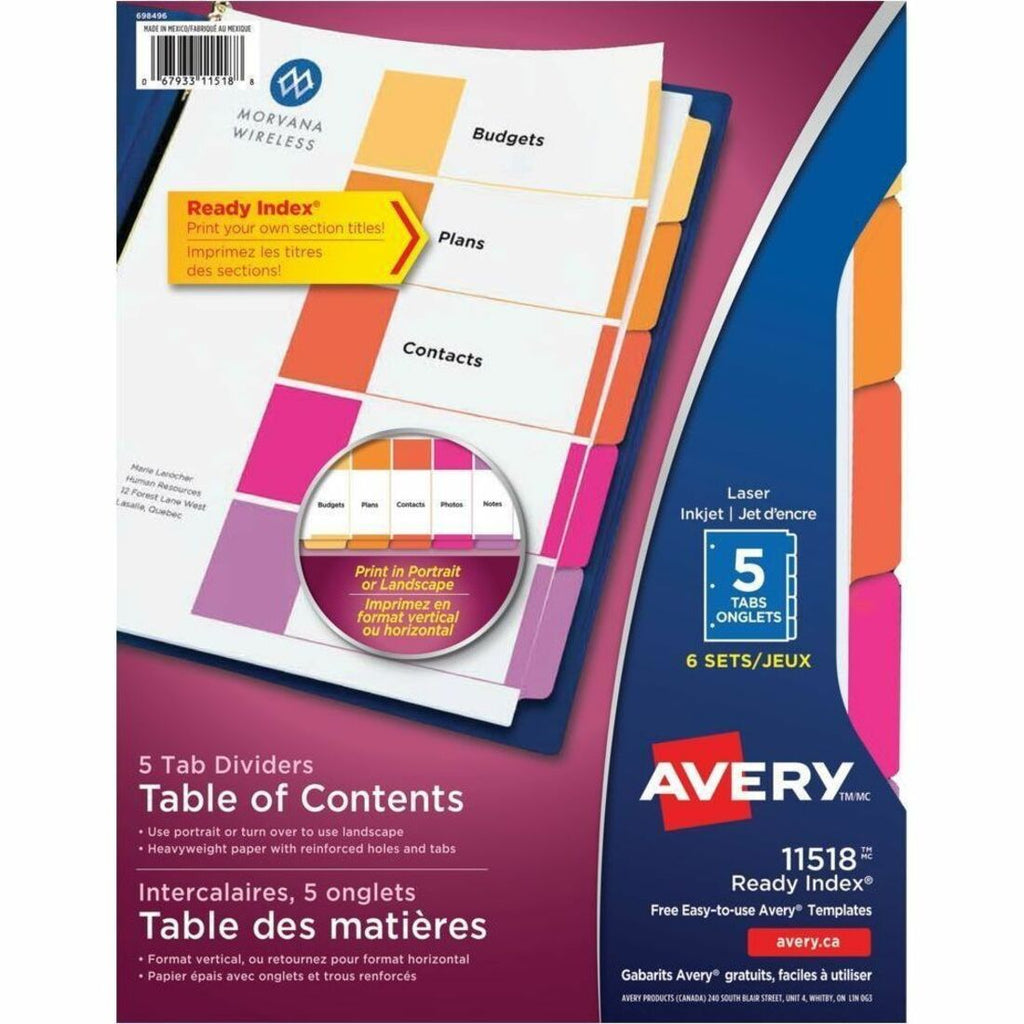 Avery Ready Index&reg; Table of Content Dividers 5 Tabs, for Laser and Inkjet Printers