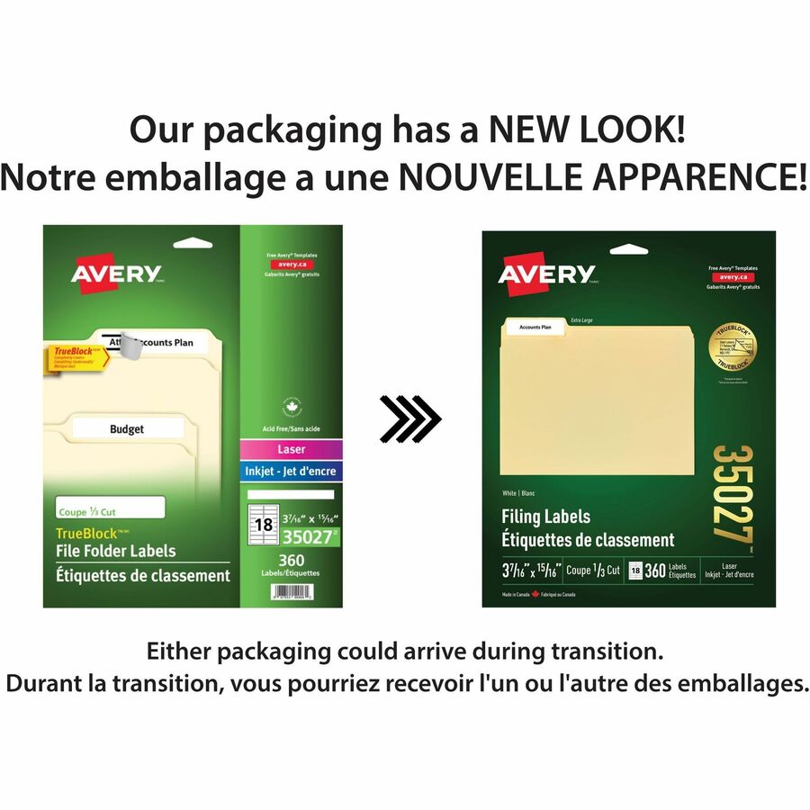 Avery Extra Large White Filing Labels with TrueBlock™ Technology for Laser and Inkjet Printers, 3-7/16" x 15/16" - 35027
