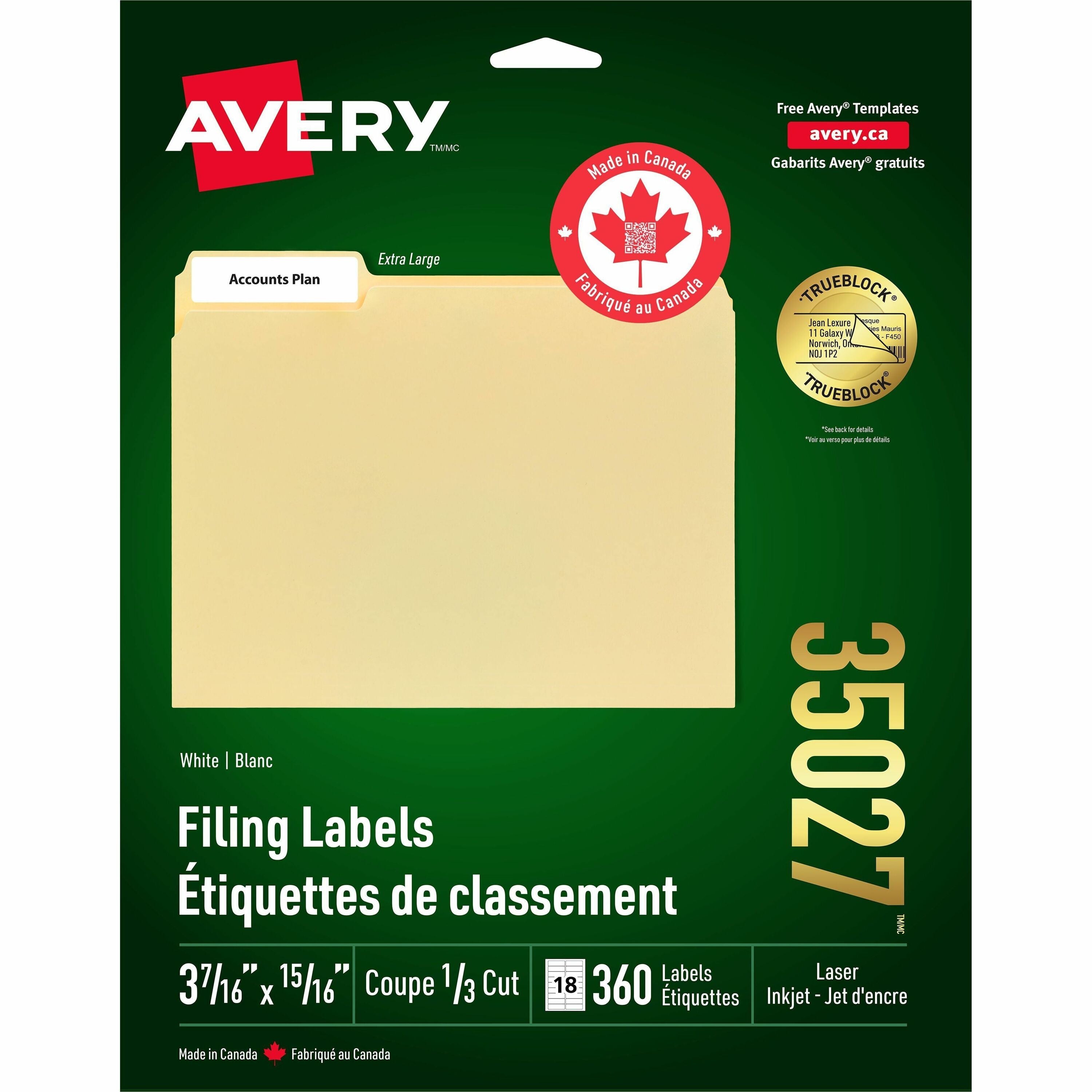 Avery Extra Large White Filing Labels with TrueBlock™ Technology for Laser and Inkjet Printers, 3-7/16" x 15/16"