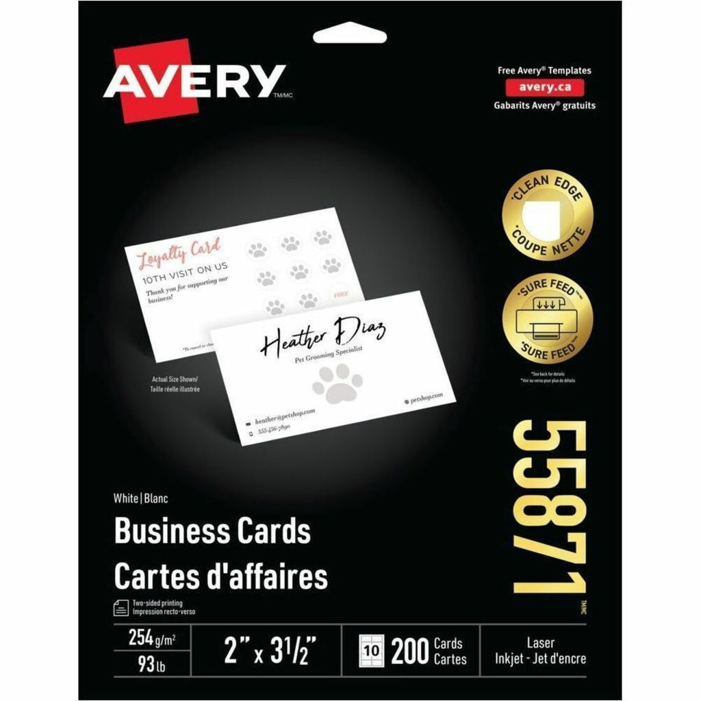 Avery Business Cards with Sure Feed™ Technology Clean Edge, 2" x 3-1/2" , for Laser and Inkjet Printers