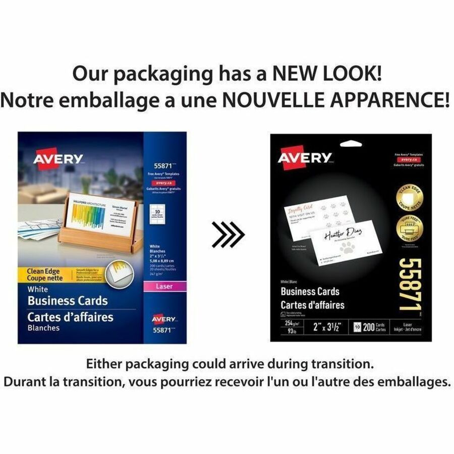 Avery Business Cards with Sure Feed™ Technology Clean Edge, 2" x 3-1/2" , for Laser and Inkjet Printers - 55871