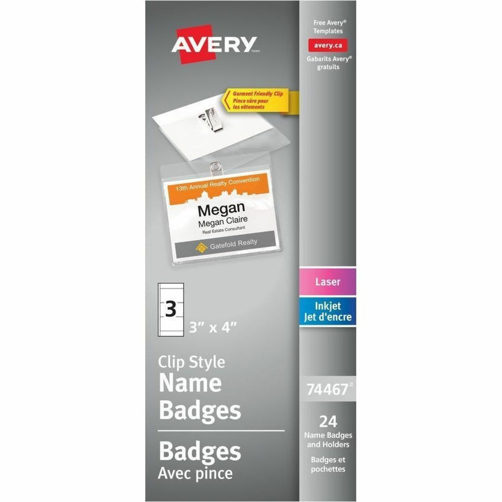 Avery Garment Friendly Clip Style Name Badge Kit for Laser and Inkjet Printers, 4" x 3"