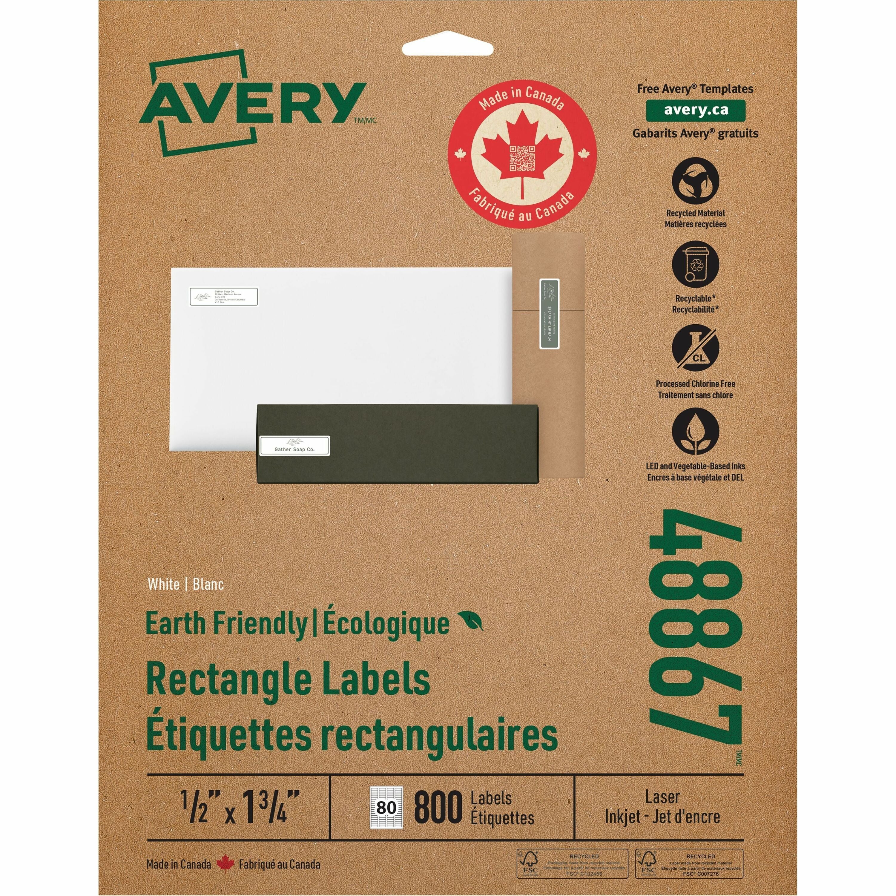 Avery Earth-Friendly White Rectangle Labels 1/2" x 1-3/4" , Permanent Adhesive, for Laser and Inkjet Printers
