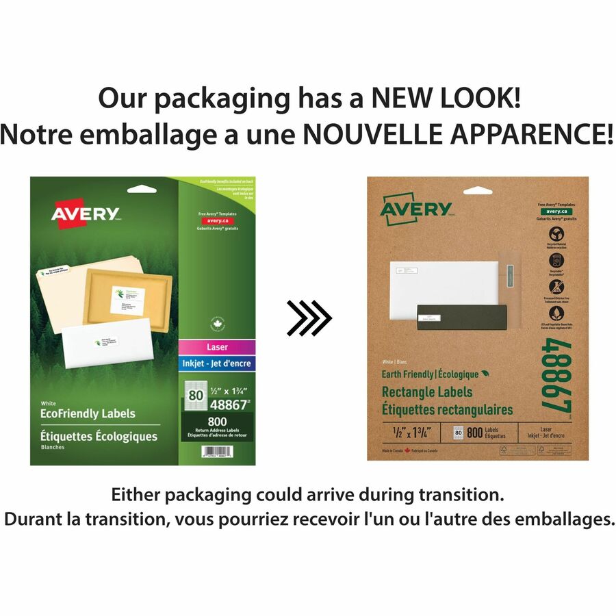 Avery Earth-Friendly White Rectangle Labels 1/2" x 1-3/4" , Permanent Adhesive, for Laser and Inkjet Printers - 48867