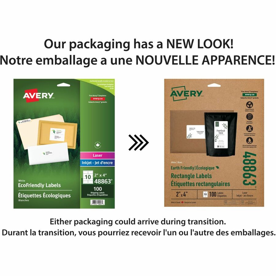 Avery Earth-Friendly White Rectangle Labels 2" x 4" , Permanent Adhesive, for Laser and Inkjet Printers - 48863