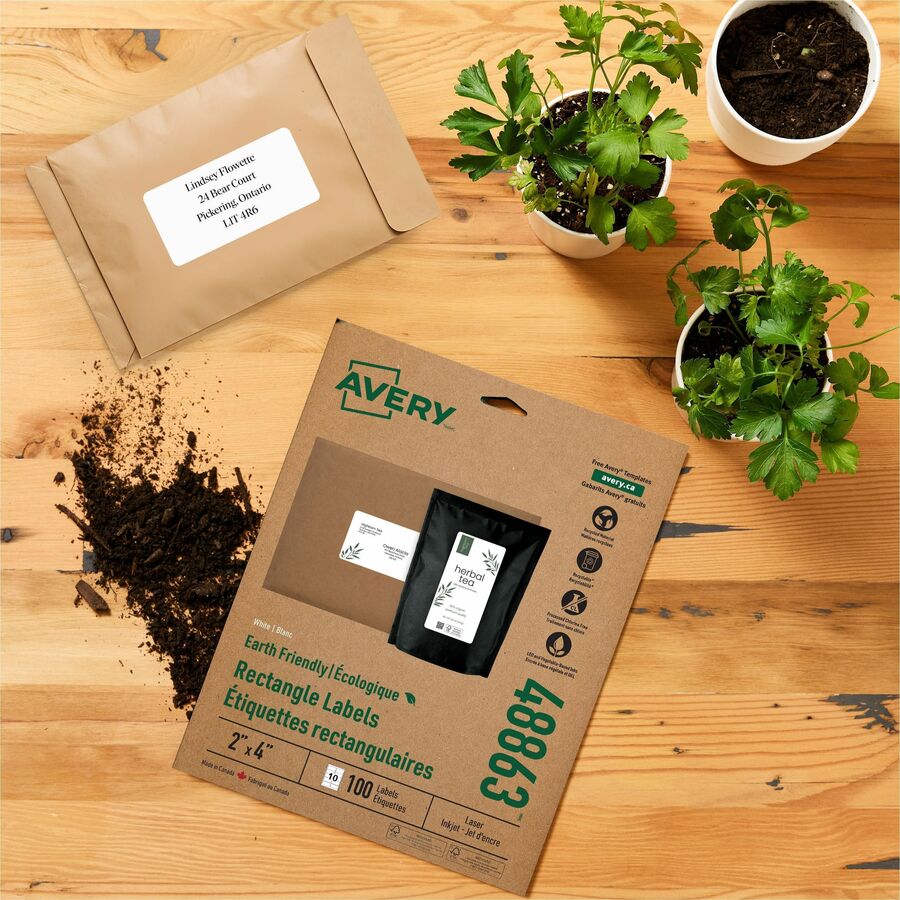 Avery Earth-Friendly White Rectangle Labels 2" x 4" , Permanent Adhesive, for Laser and Inkjet Printers - 48863