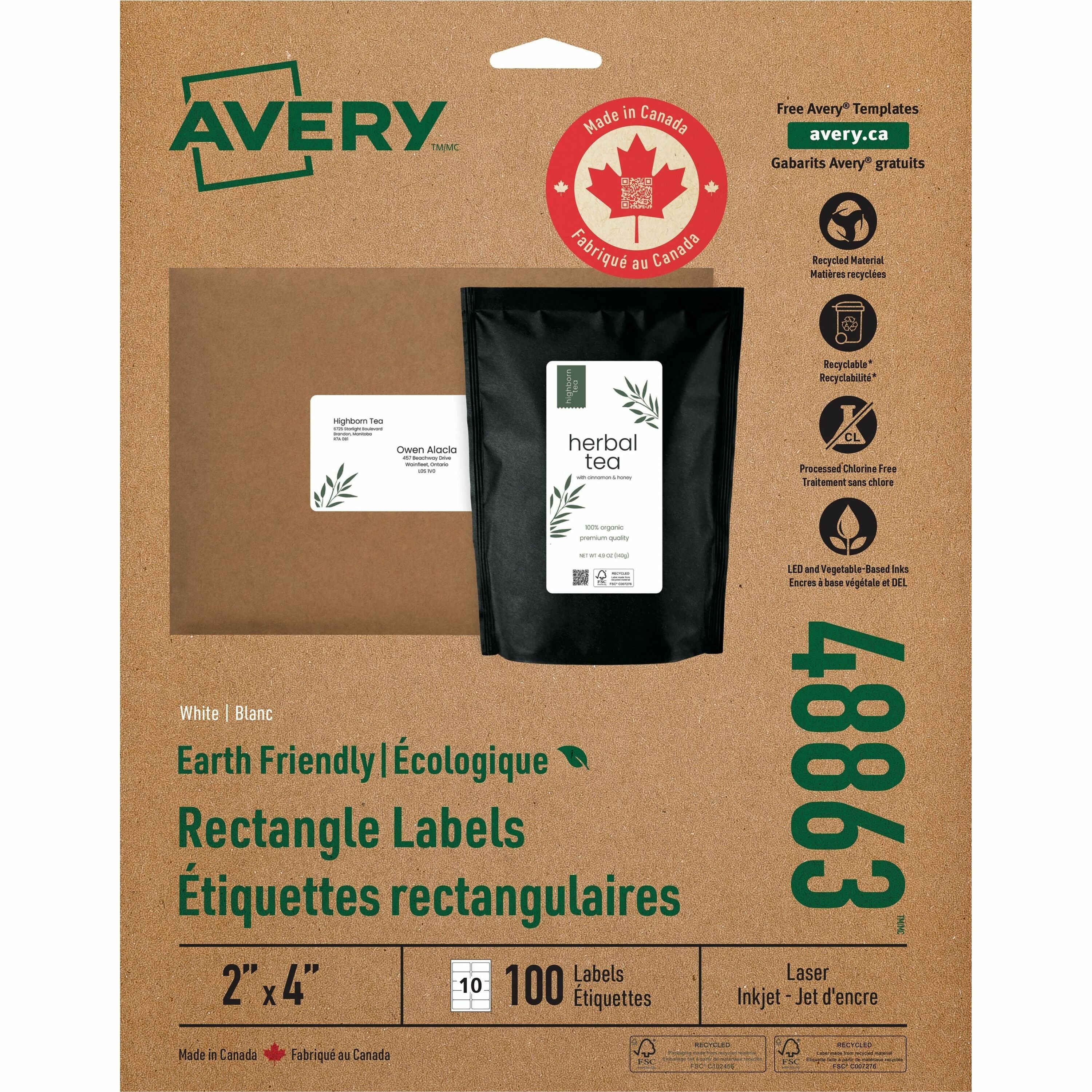 Avery Earth-Friendly White Rectangle Labels 2" x 4" , Permanent Adhesive, for Laser and Inkjet Printers