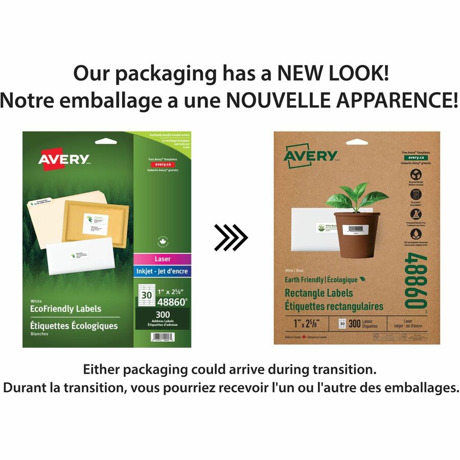 Avery Earth-Friendly White Rectangle Labels 1" x 2-5/8" , Permanent Adhesive, for Laser and Inkjet Printers - 48860