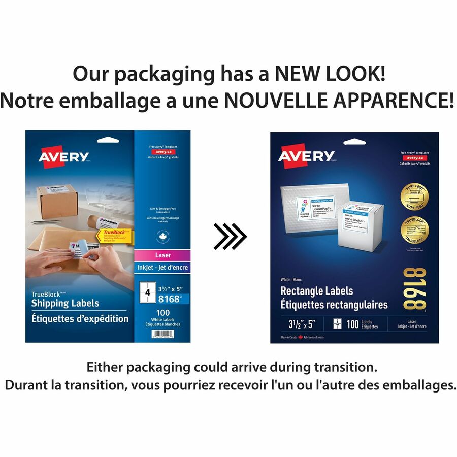 Avery White Rectangle Labels with Sure Feed™ Technology TrueBlock&reg;, 3-1/2" x 5" , Permanent Adhesive, for Laser and Inkjet Printers - 08168