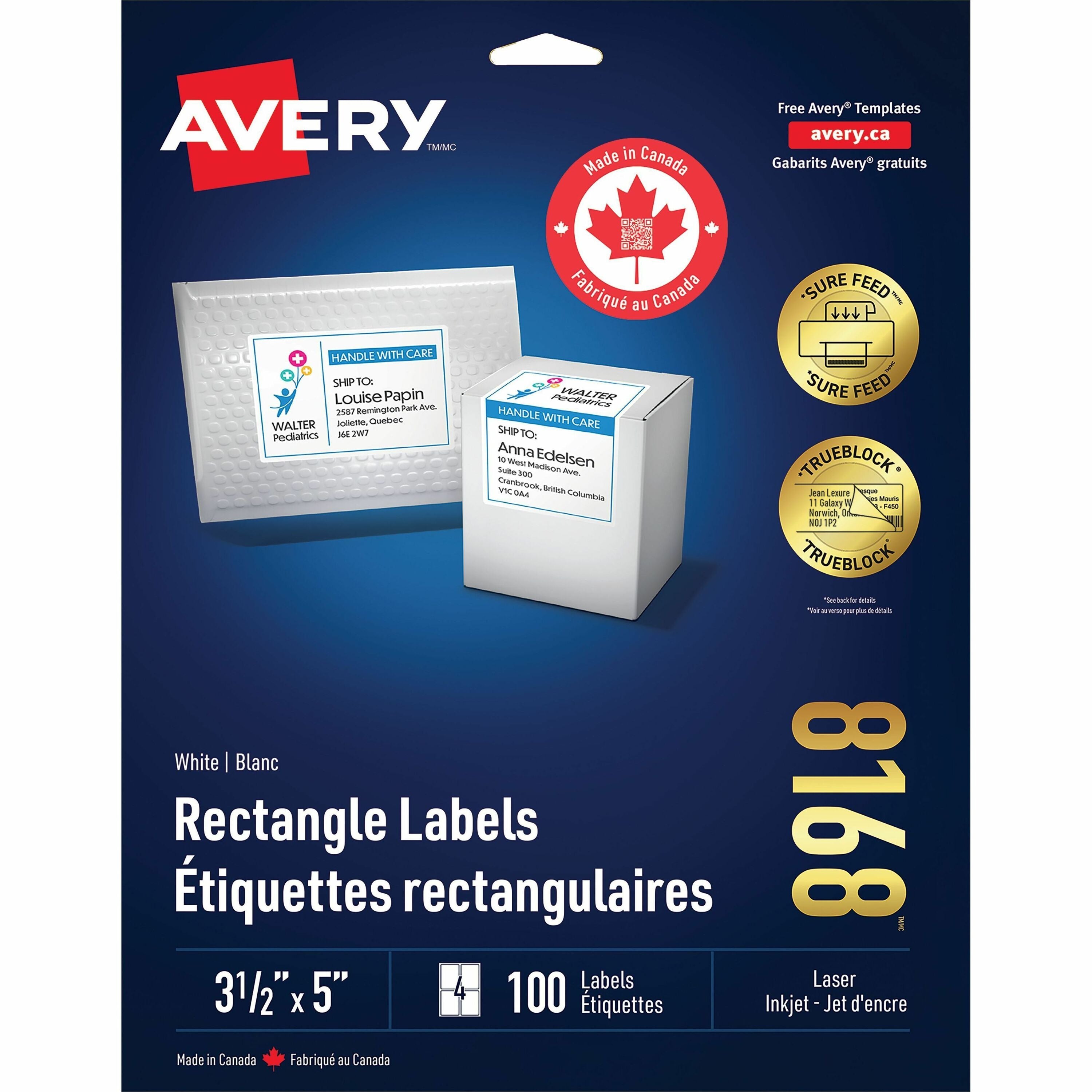 Avery White Rectangle Labels with Sure Feed™ Technology TrueBlock&reg;, 3-1/2" x 5" , Permanent Adhesive, for Laser and Inkjet Printers