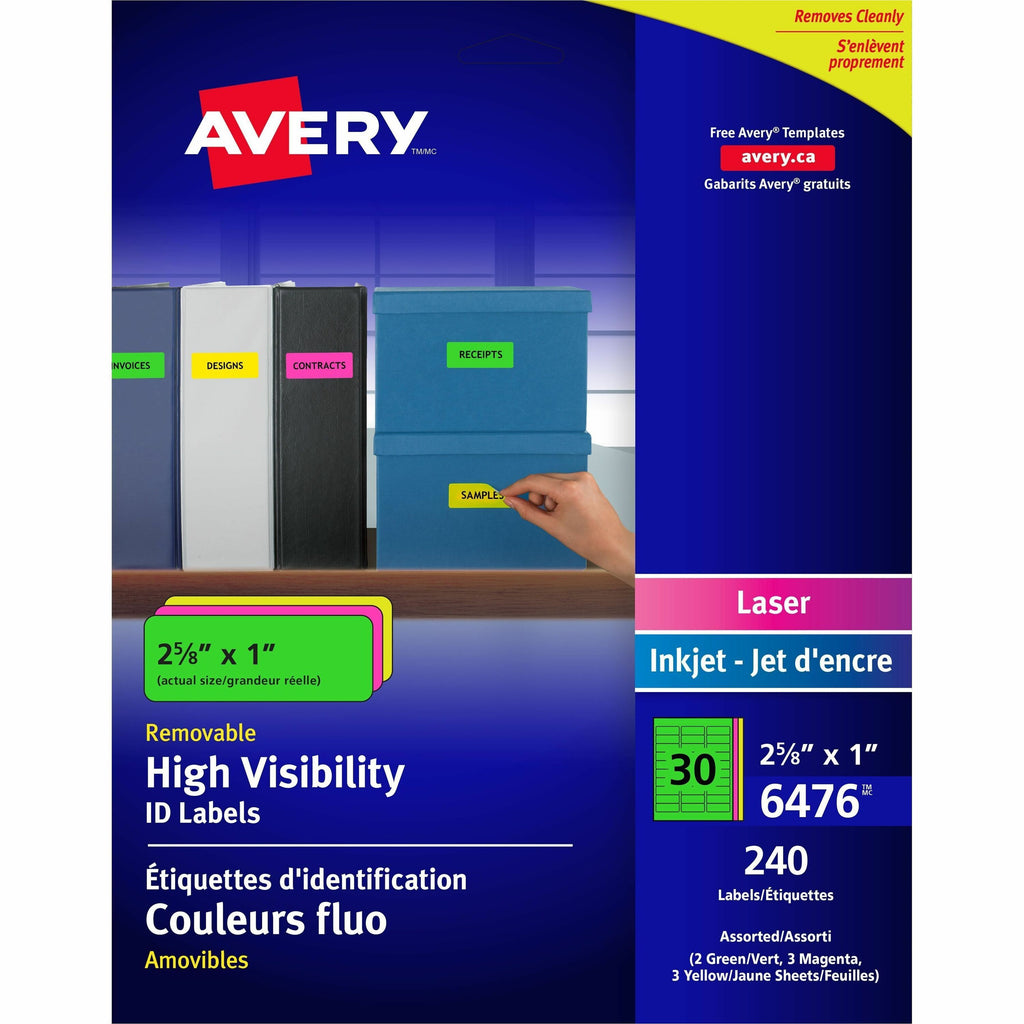 Avery High Visibility Removable ID Labels for Laser and Inkjet Printers, 1" x 2-5/8"