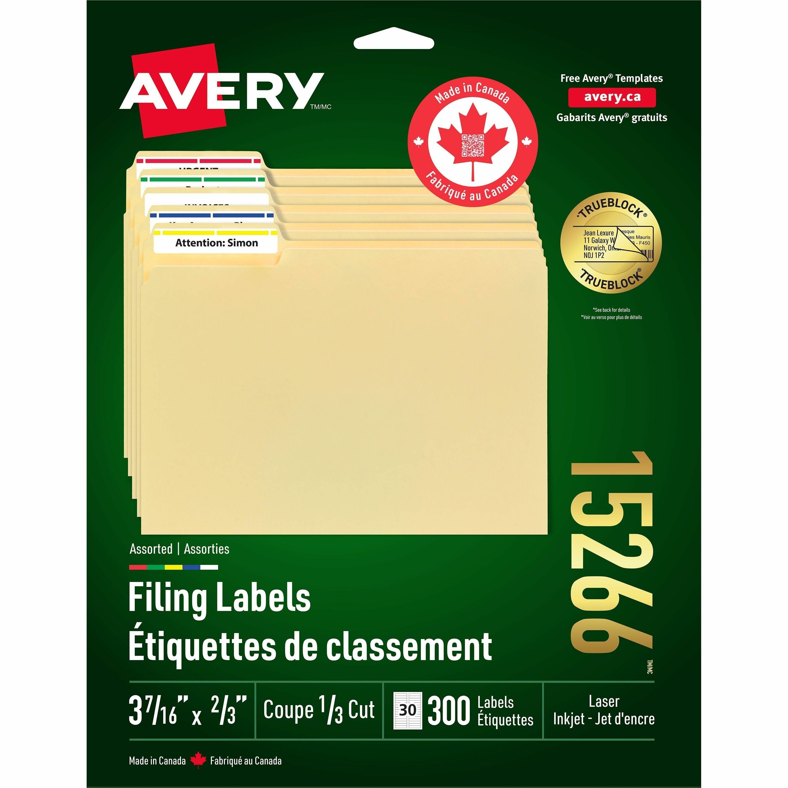 Avery Assorted Filing Labels with TrueBlock™ Technology for Laser and Inkjet Printers, 3-7/16" x 2/3"