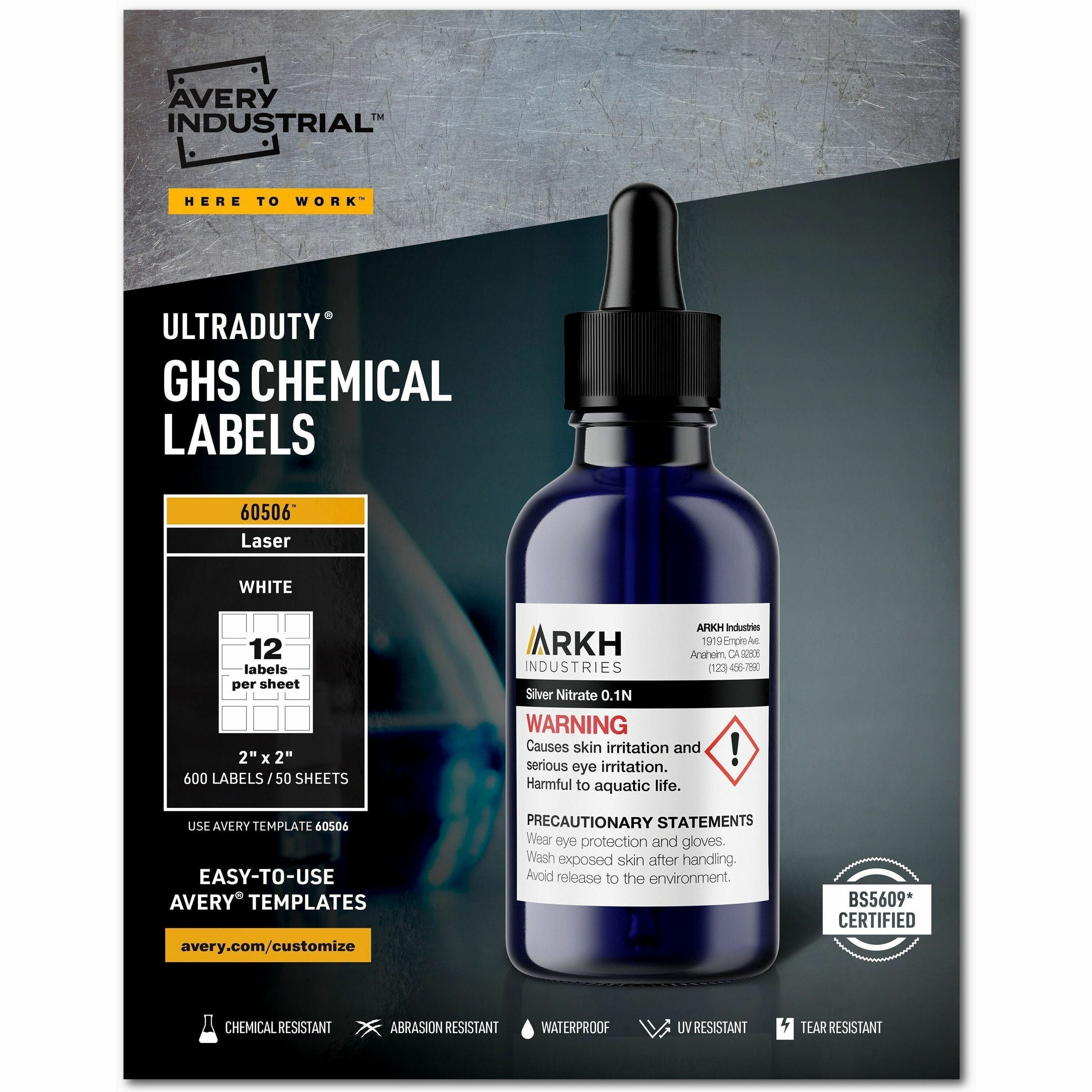 Avery&reg; UltraDuty™ GHS Chemical Labels 2" x 2" , Permanent Adhesive, for Laser Printers