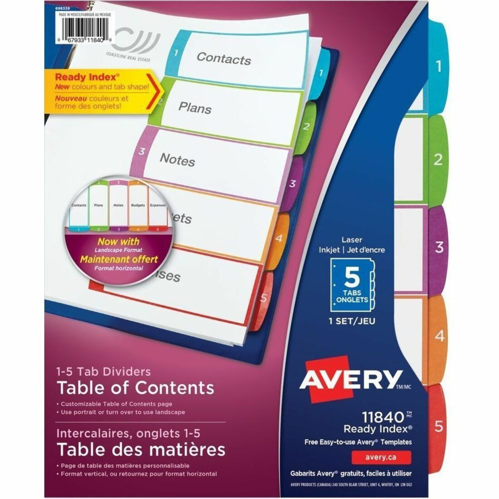 Avery Ready Index&reg; Customizable Table of Contents Dividers 5 Tabs, for Laser and Inkjet Printers