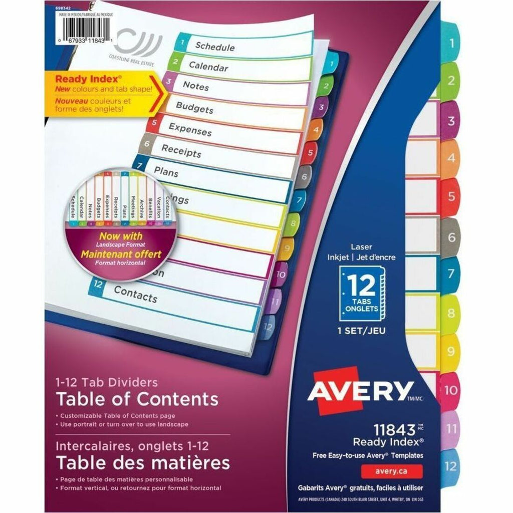 Avery Ready Index&reg; Customizable Table of Contents Dividers 12 Tabs, for Laser and Inkjet Printers