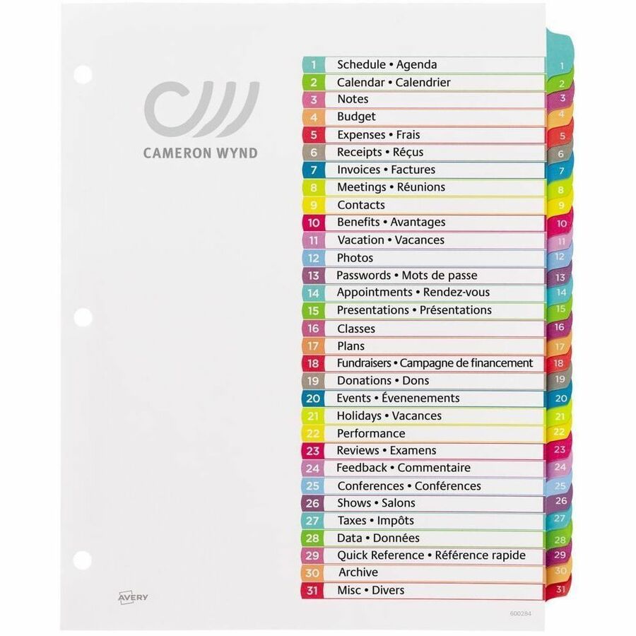 Avery Ready Index&reg; Customizable Table of Contents Dividers Tabs 1 - 31, for Laser and Inkjet Printers - 11846