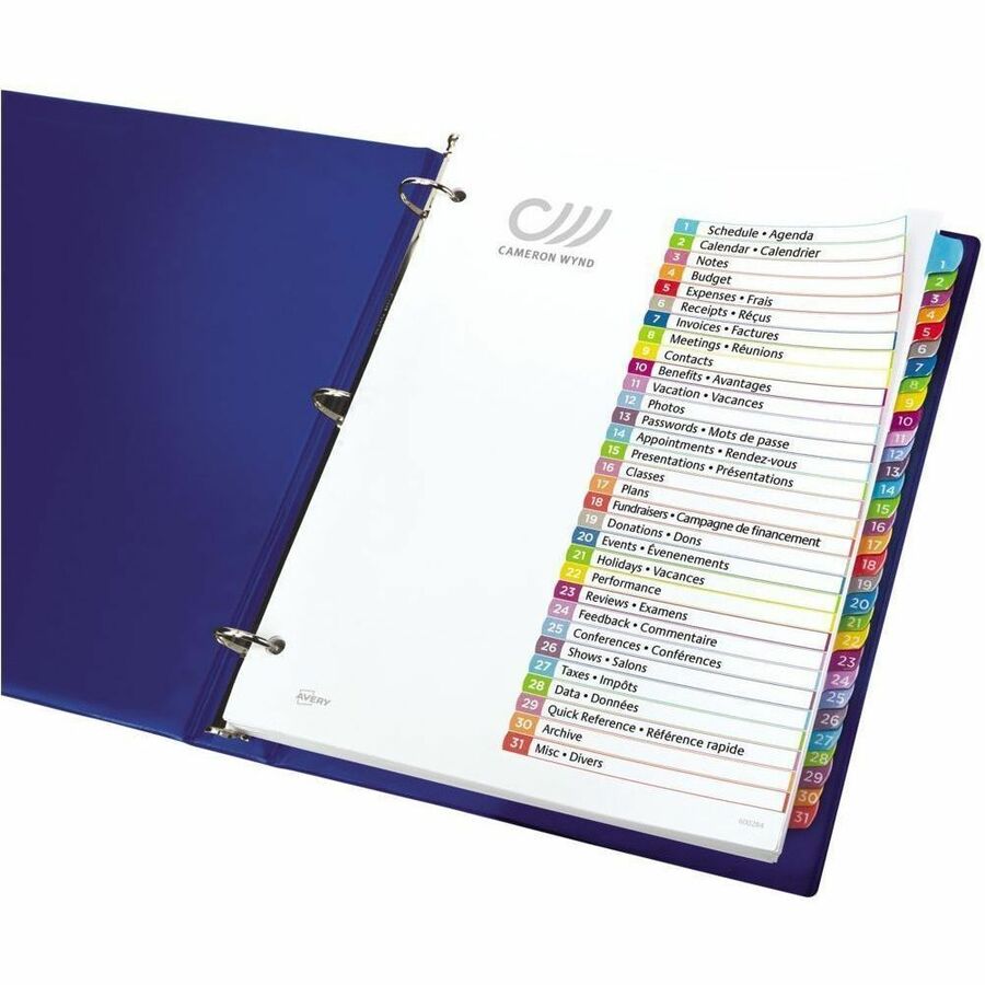 Avery Ready Index&reg; Customizable Table of Contents Dividers Tabs 1 - 31, for Laser and Inkjet Printers - 11846