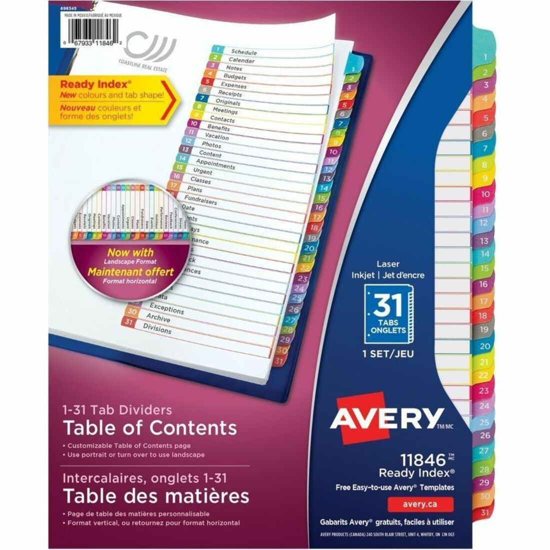 Avery Ready Index&reg; Customizable Table of Contents Dividers Tabs 1 - 31, for Laser and Inkjet Printers