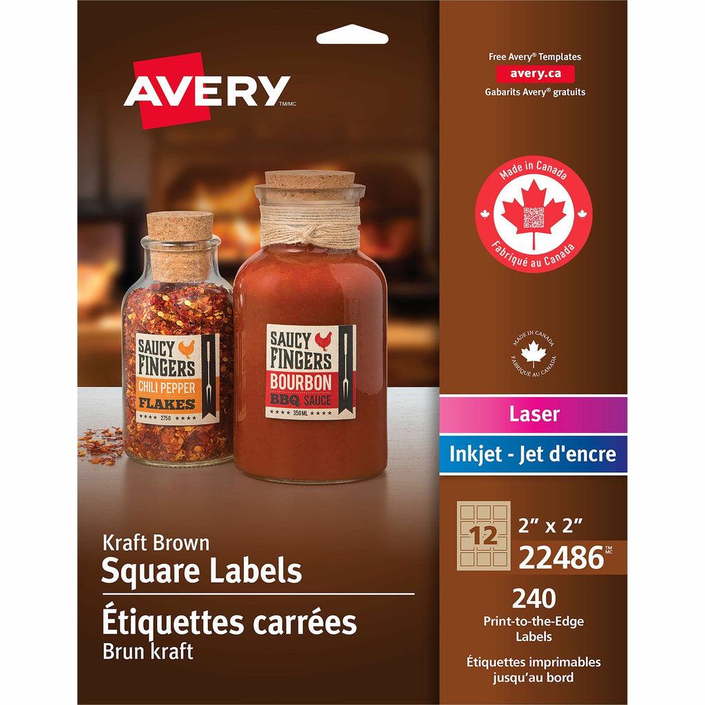 Avery Kraft Brown Square Labels 2" x 2" , Permanent Adhesive, for Laser and Inkjet Printers
