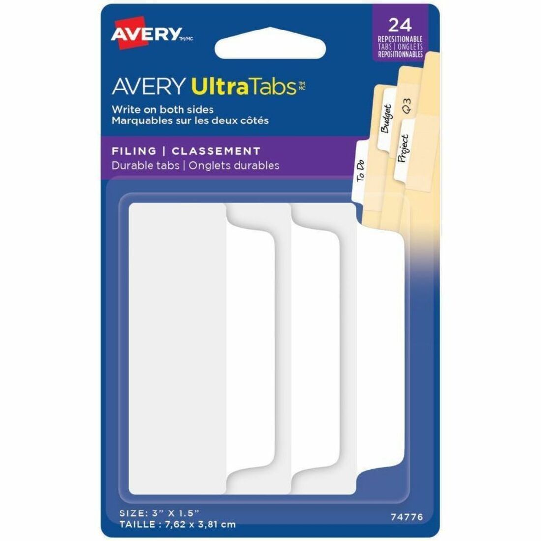 Avery UltraTabs™ Filing Tabs 24 Repositionable, Two-Side Writable Tabs 3" x 1-1/2"