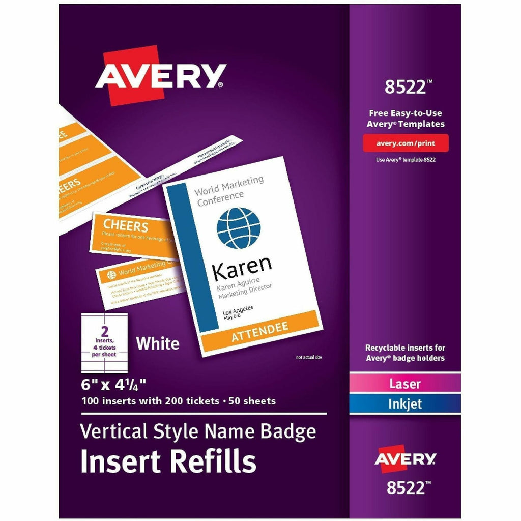 Avery&reg; Vertical Name Badge and Ticket Insertsfor Laser and Inkjet Printers, 6" x 4-1/4"