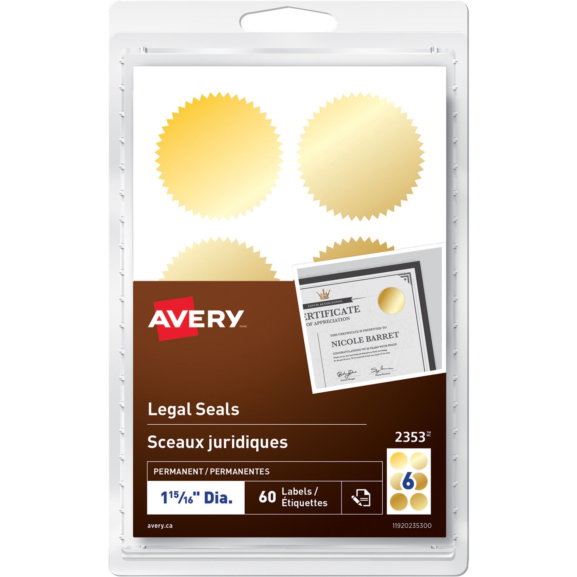 Avery&reg; Legal SealsHandwrite, 1-15/16" Diameter, Gold