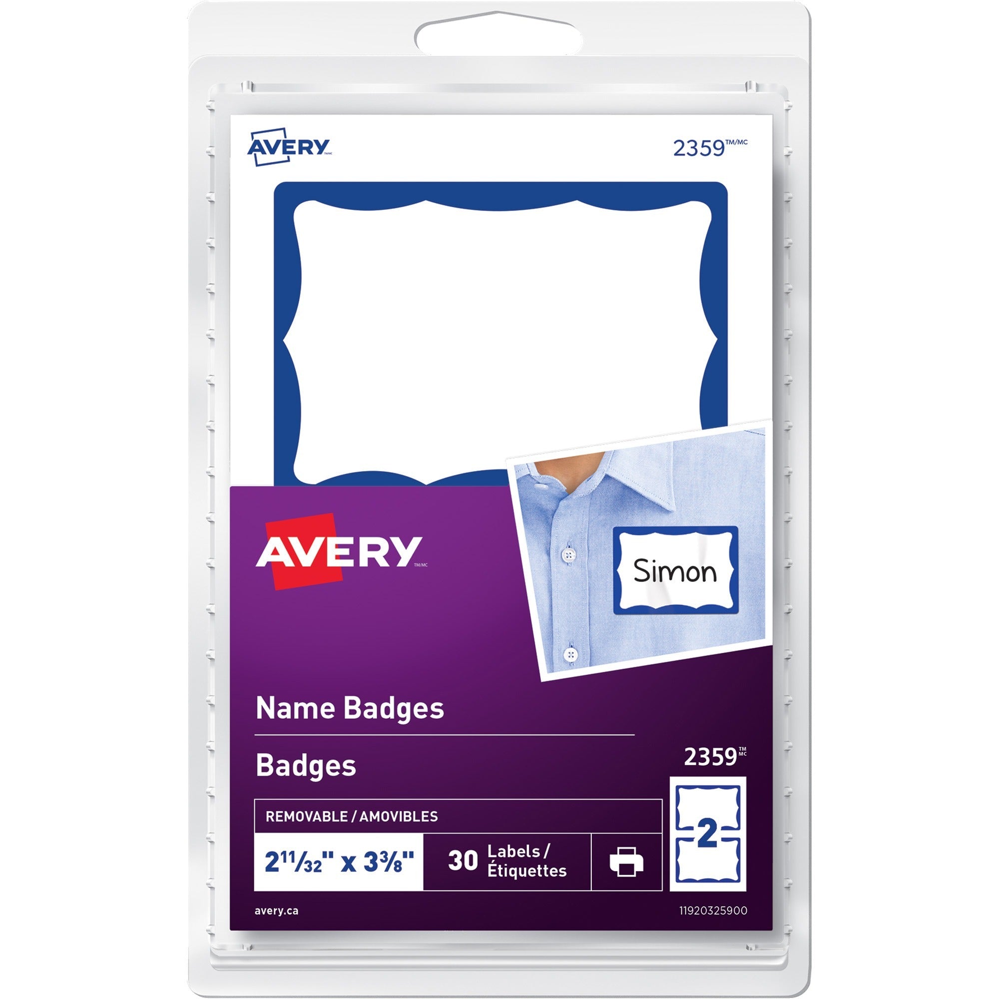 Avery&reg; Name Badge Labelsfor Laser or Inkjet Printers, 2 11/32" x 3-3/8" , Blue Border