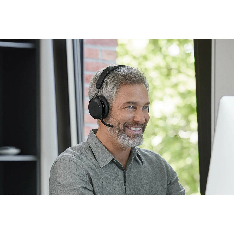 Life-Style Image for Jabra Evolve2 75 Wireless On-ear Stereo Headset - USB-A - Unified Communication - With Charging Stand - Black - Binaural - Ear-cup - 3000 cm - Bluetooth - 20 Hz to 20 kHz - MEMS Technology Microphone - Noise Cancelling