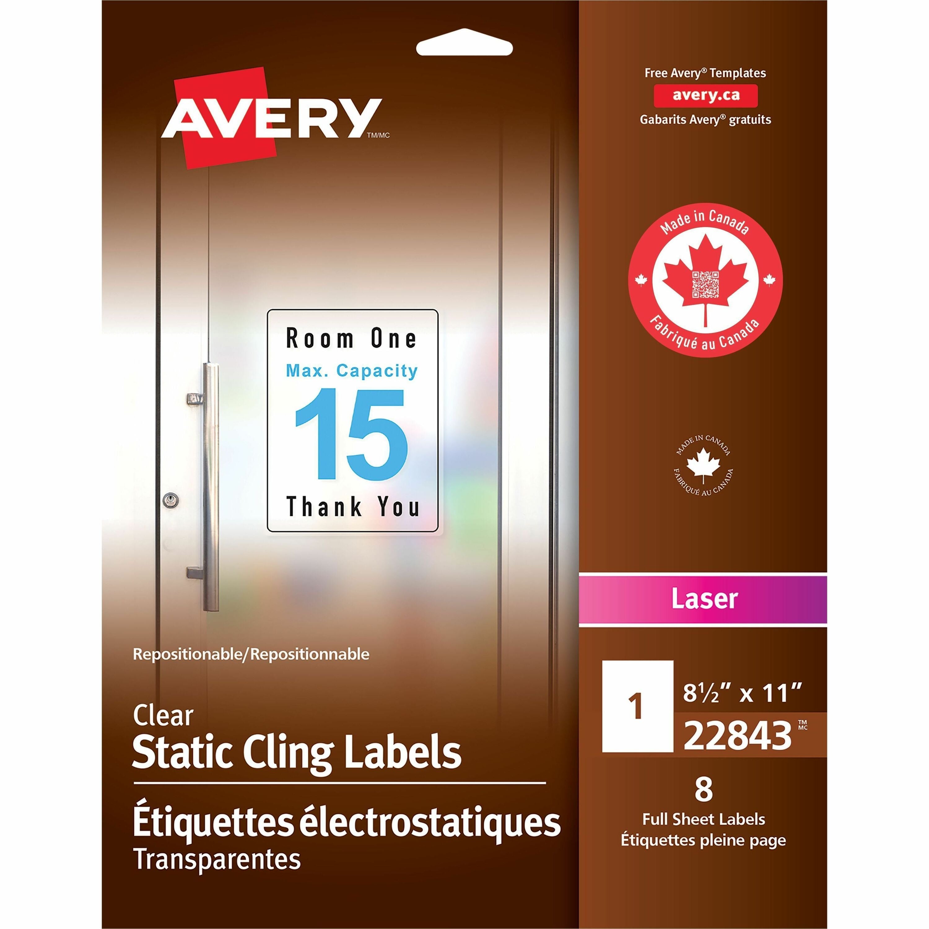 Avery Clear Static Cling Labels 8-1/2" X 11" , Repositionable, for Laser Printers