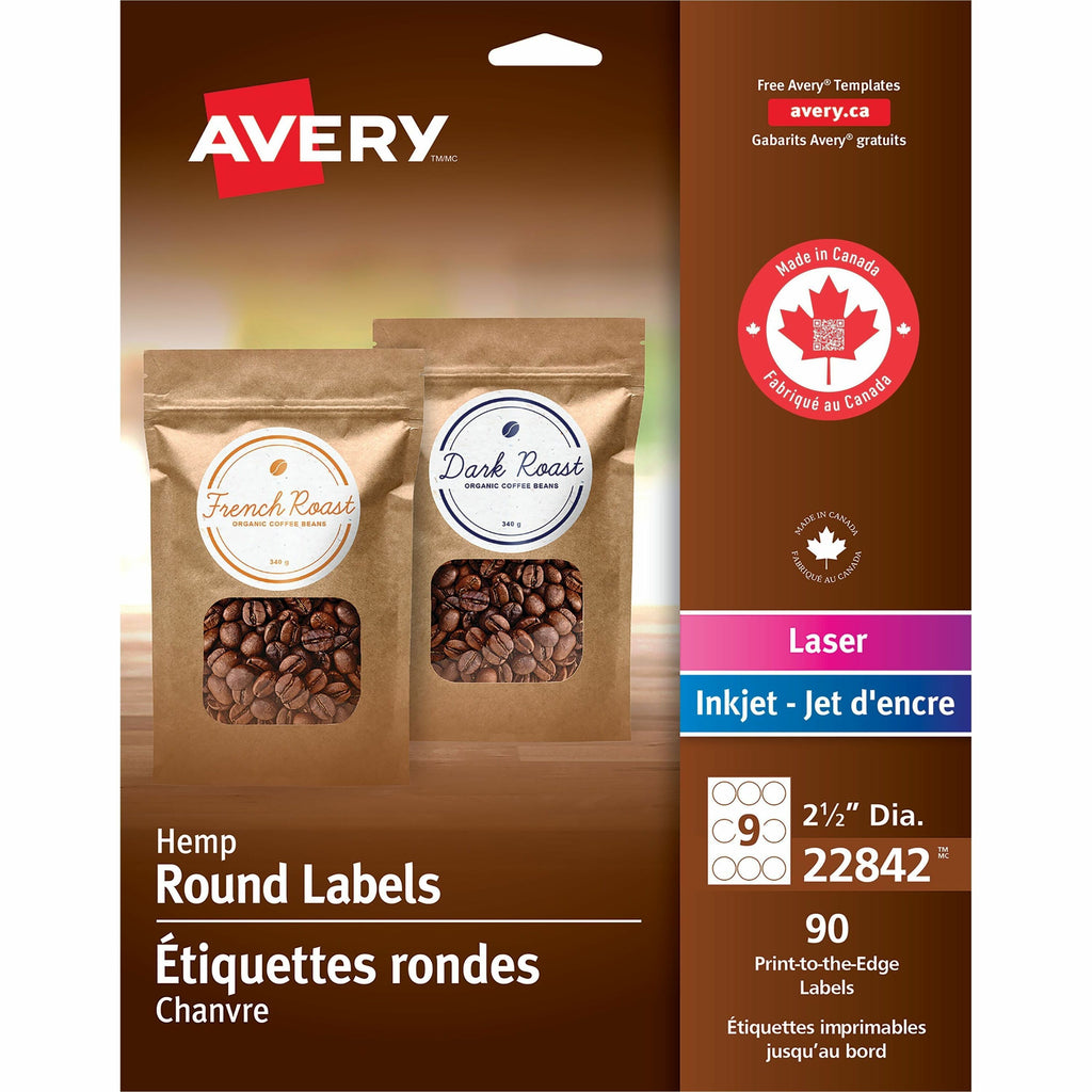 Avery Hemp Round Labels 2-1/2" Diameter, Permanent Adhesive, for Laser and Inkjet Printers