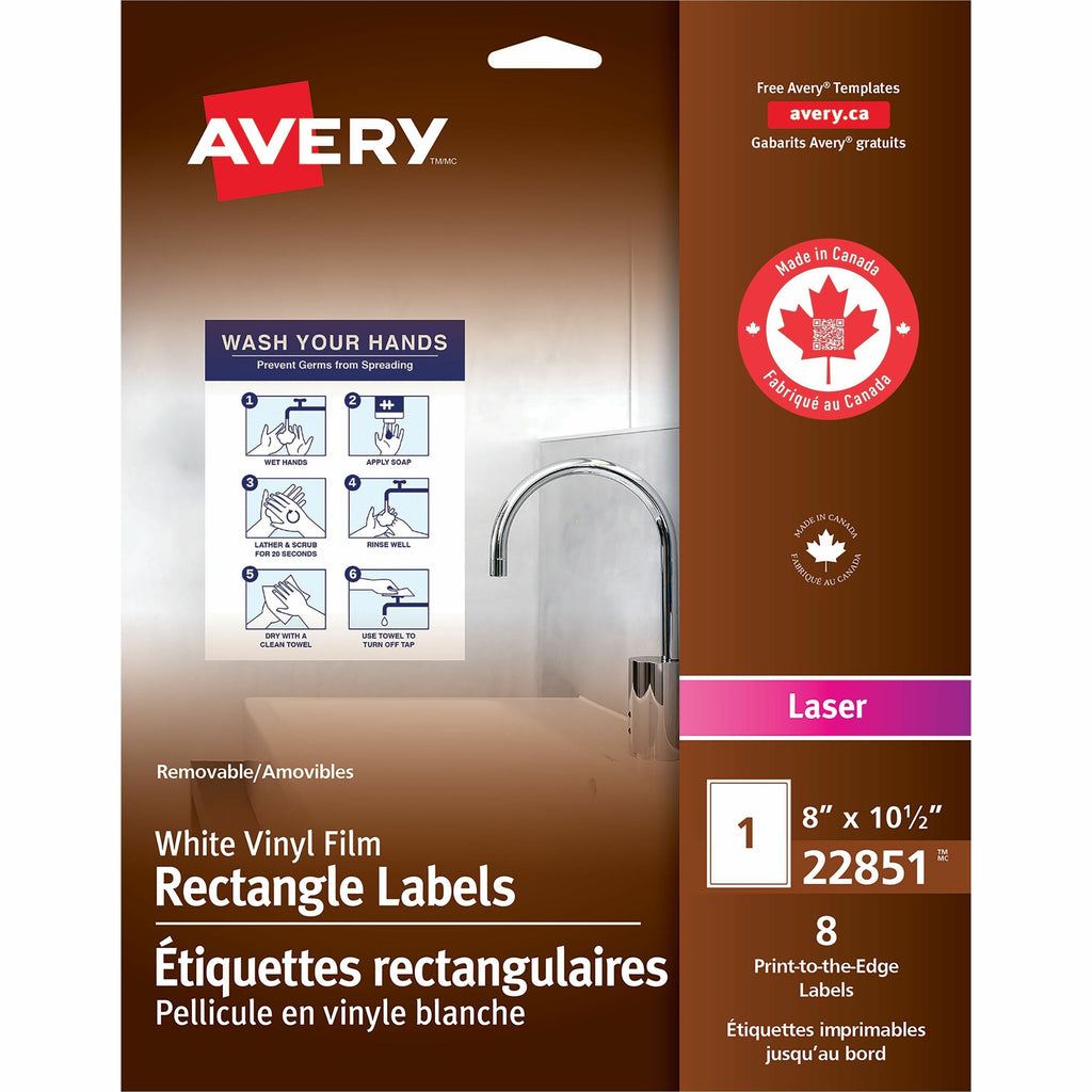 White Vinyl Film Rectangle Labels 8" X 10-1/2" , Removable Adhesive, for Laser Printers