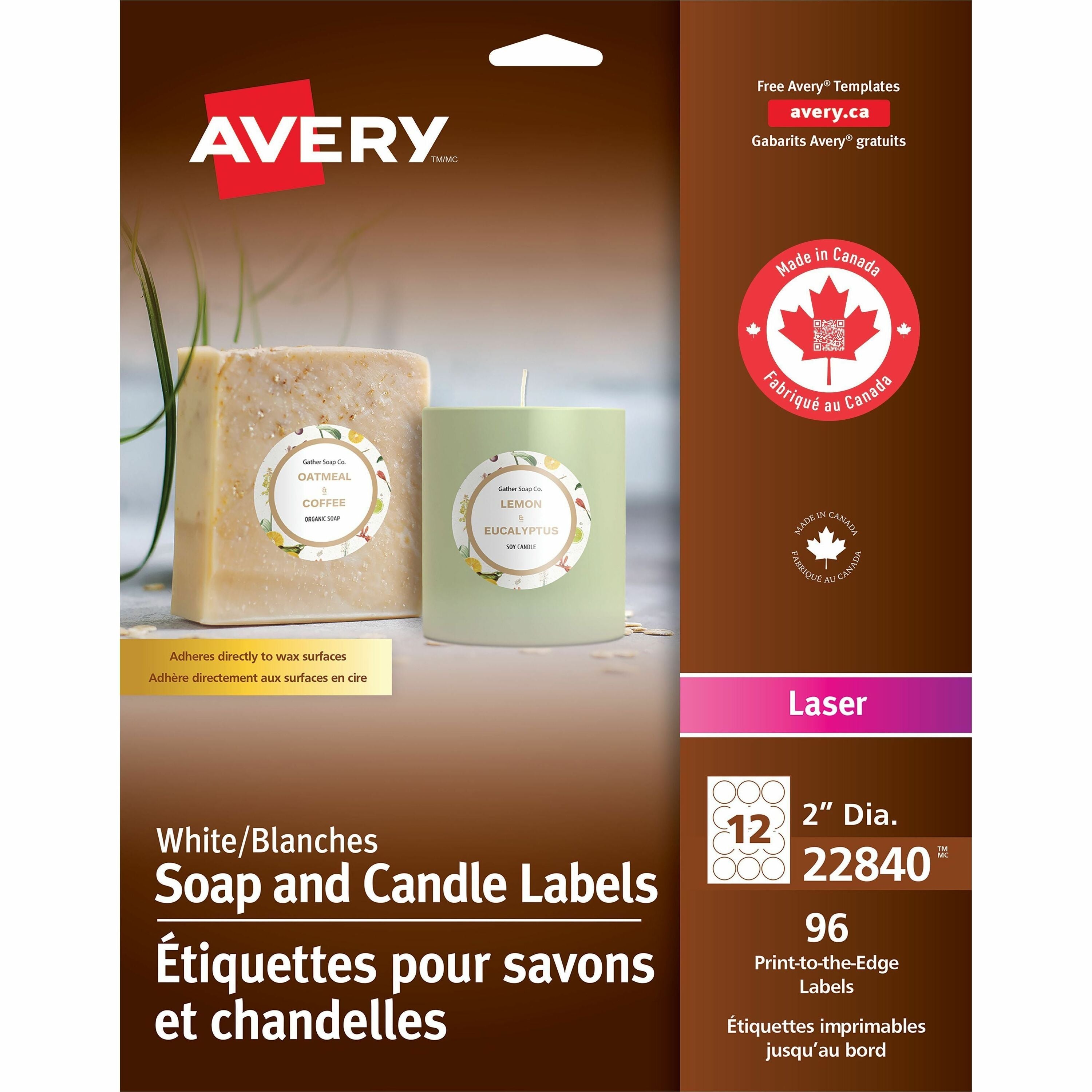 Avery Glossy White Round Soap and Candle Labels 2" Diameter, Permanent Adhesive, for Laser Printers