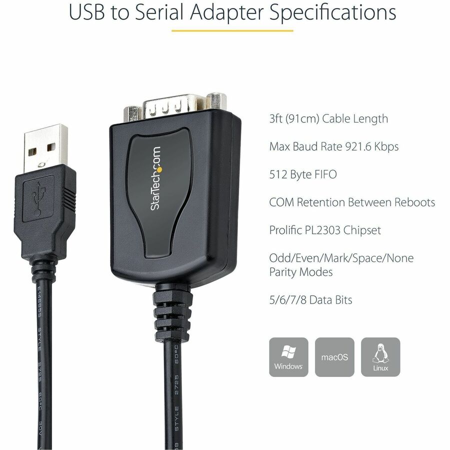 Alternate-Image4 Image for StarTech.com 3ft (1m) USB to Serial Cable with COM Port Retention, DB9 Male RS232 to USB Converter, USB to Serial Adapter, Prolific IC
