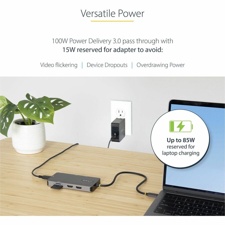 Alternate-Image3 Image for StarTech.com USB C Multiport Adapter, Dual HDMI, 4K 60Hz, 2x 5Gbps USB-A Hub, 100W Power Delivery, GbE, SD/MicroSD, USB C Mini Dock