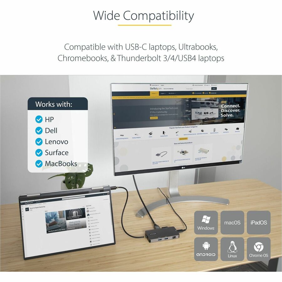 Alternate-Image5 Image for StarTech.com USB C Multiport Adapter, Dual HDMI, 4K 60Hz, 2x 5Gbps USB-A Hub, 100W Power Delivery, GbE, SD/MicroSD, USB C Mini Dock