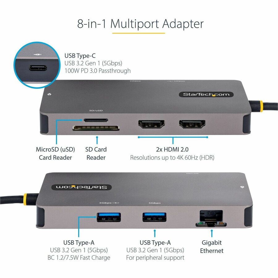 Alternate-Image2 Image for StarTech.com USB C Multiport Adapter, Dual HDMI, 4K 60Hz, 2x 5Gbps USB-A Hub, 100W Power Delivery, GbE, SD/MicroSD, USB C Mini Dock
