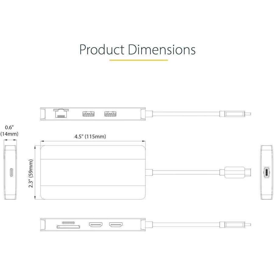 Alternate-Image7 Image for StarTech.com USB C Multiport Adapter, Dual HDMI, 4K 60Hz, 2x 5Gbps USB-A Hub, 100W Power Delivery, GbE, SD/MicroSD, USB C Mini Dock