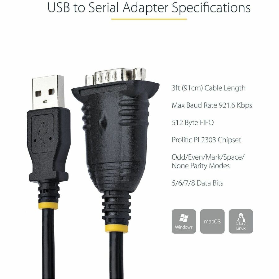 Alternate-Image4 Image for StarTech.com 3ft (1m) USB to Serial Cable, DB9 Male RS232 to USB Converter, USB to Serial Adapter, COM Port Adapter with Prolific IC