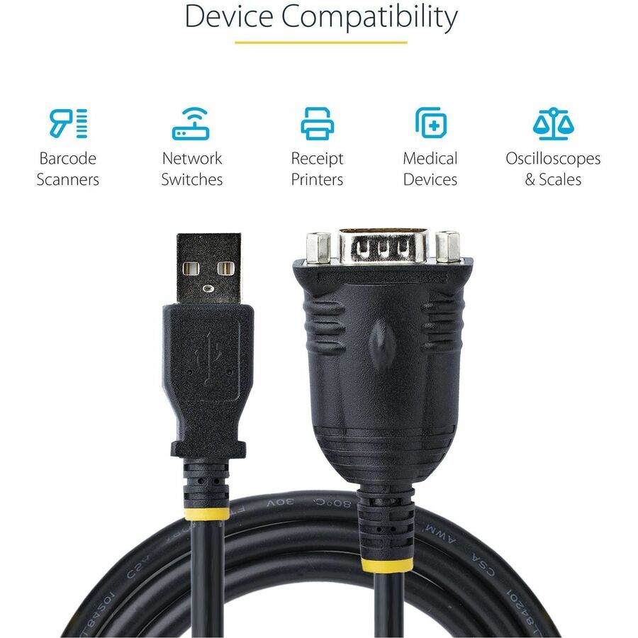 Alternate-Image2 Image for StarTech.com 3ft (1m) USB to Serial Cable, DB9 Male RS232 to USB Converter, USB to Serial Adapter, COM Port Adapter with Prolific IC